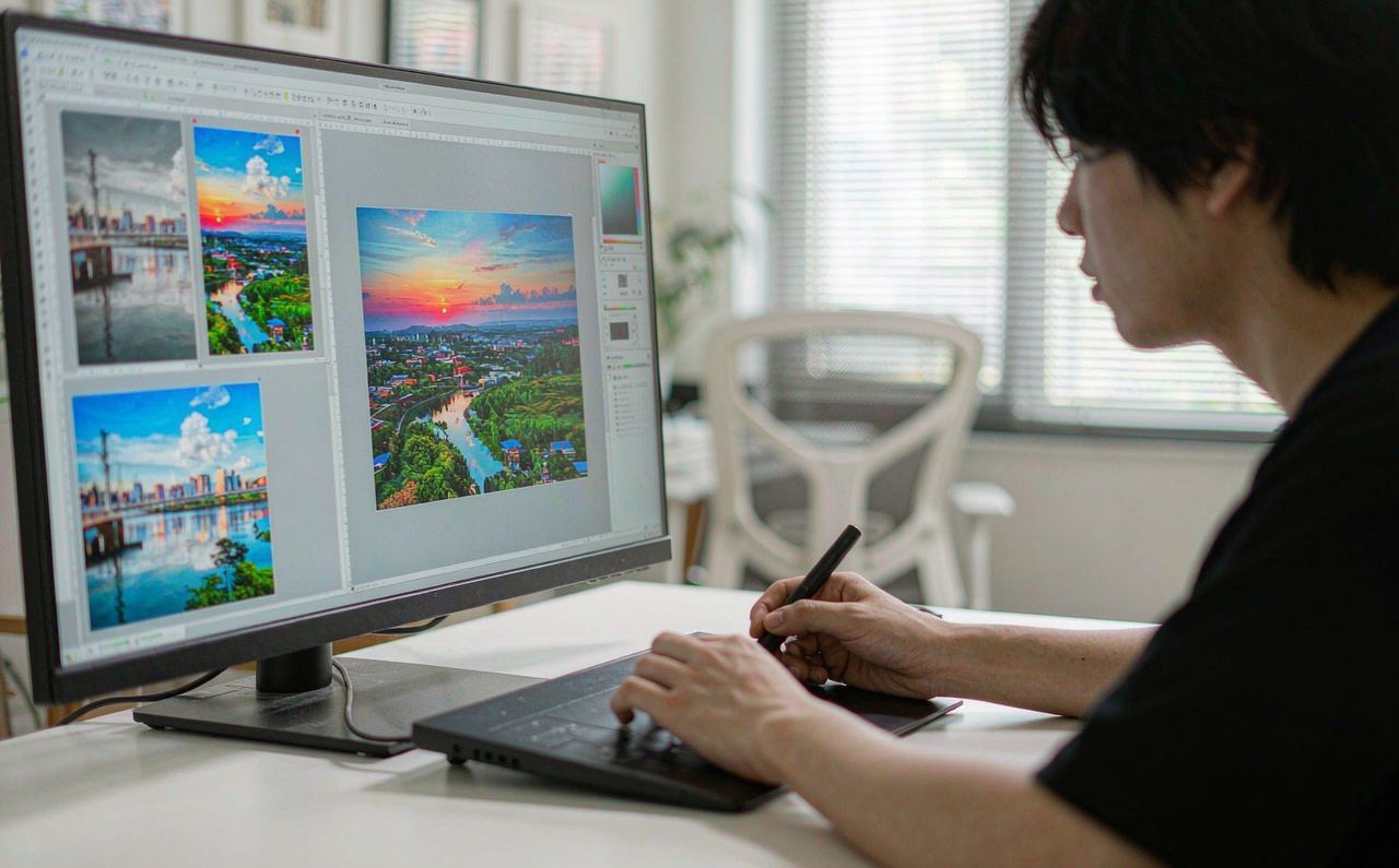 A creator editing photos on a large monitor with a stylus and tablet in a bright daytime studio