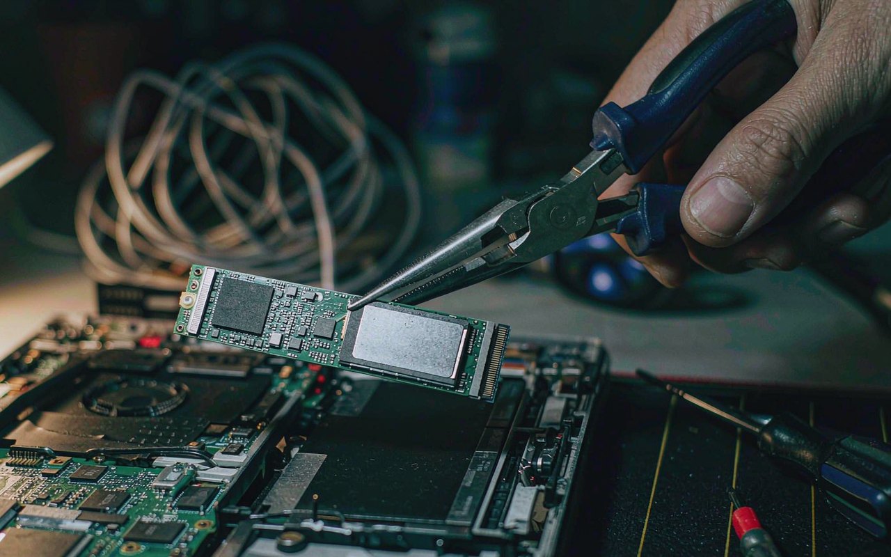 An M.2 SSD held over an open laptop chassis on a repair bench, lit by a desk lamp