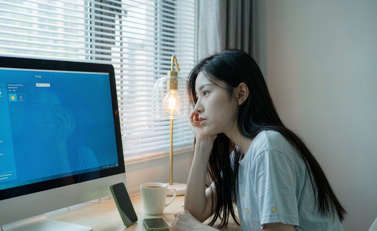A young woman at a home desk looking thoughtfully at a desktop monitor showing a blue settings screen in soft morning light
