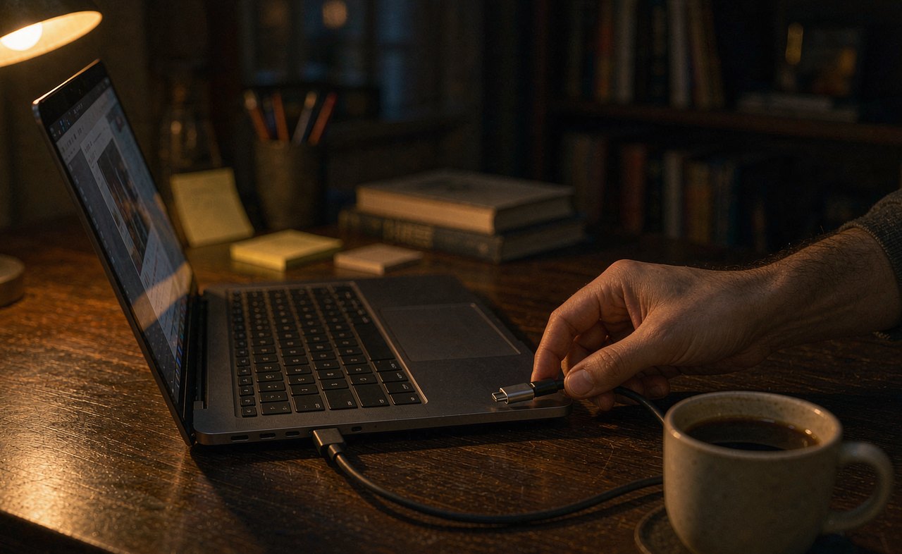 An open laptop on a dark wooden desk in the evening, charging cable plugged in, warm desk lamp glow and a coffee mug nearby