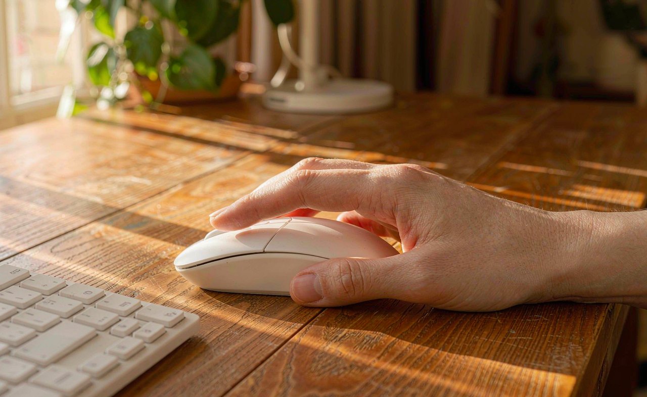 A hand resting on a wireless computer mouse beside a keyboard on a wooden desk in soft daylight