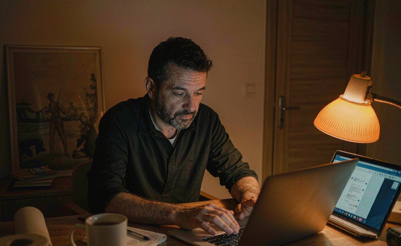 A man typing on a laptop in warm desk-lamp light at an evening desk, the screen showing a chat conversation, a coffee mug and handwritten notes beside him